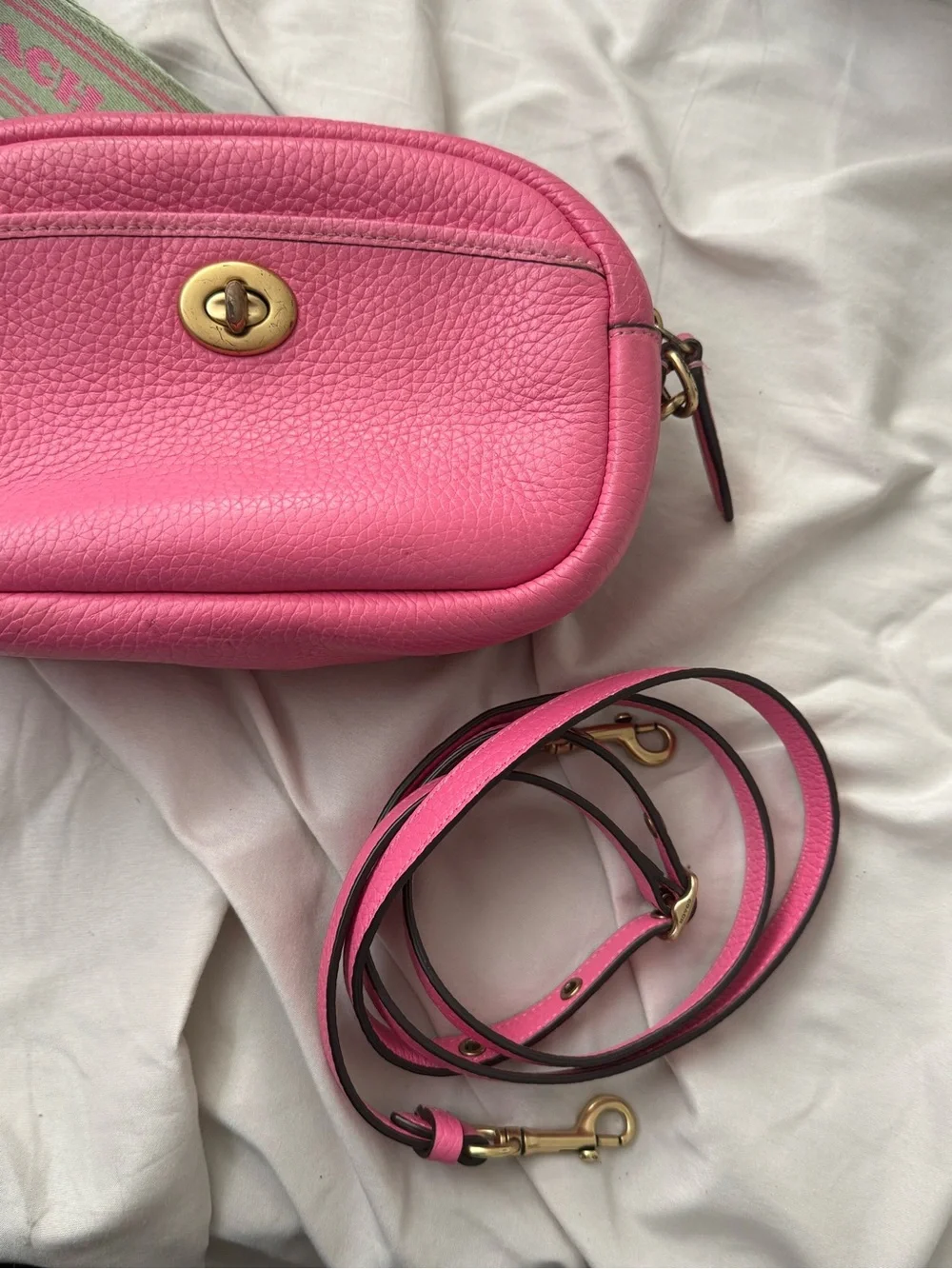 Coach Pink Leather Crossbody with Green and Pink Striped Strap